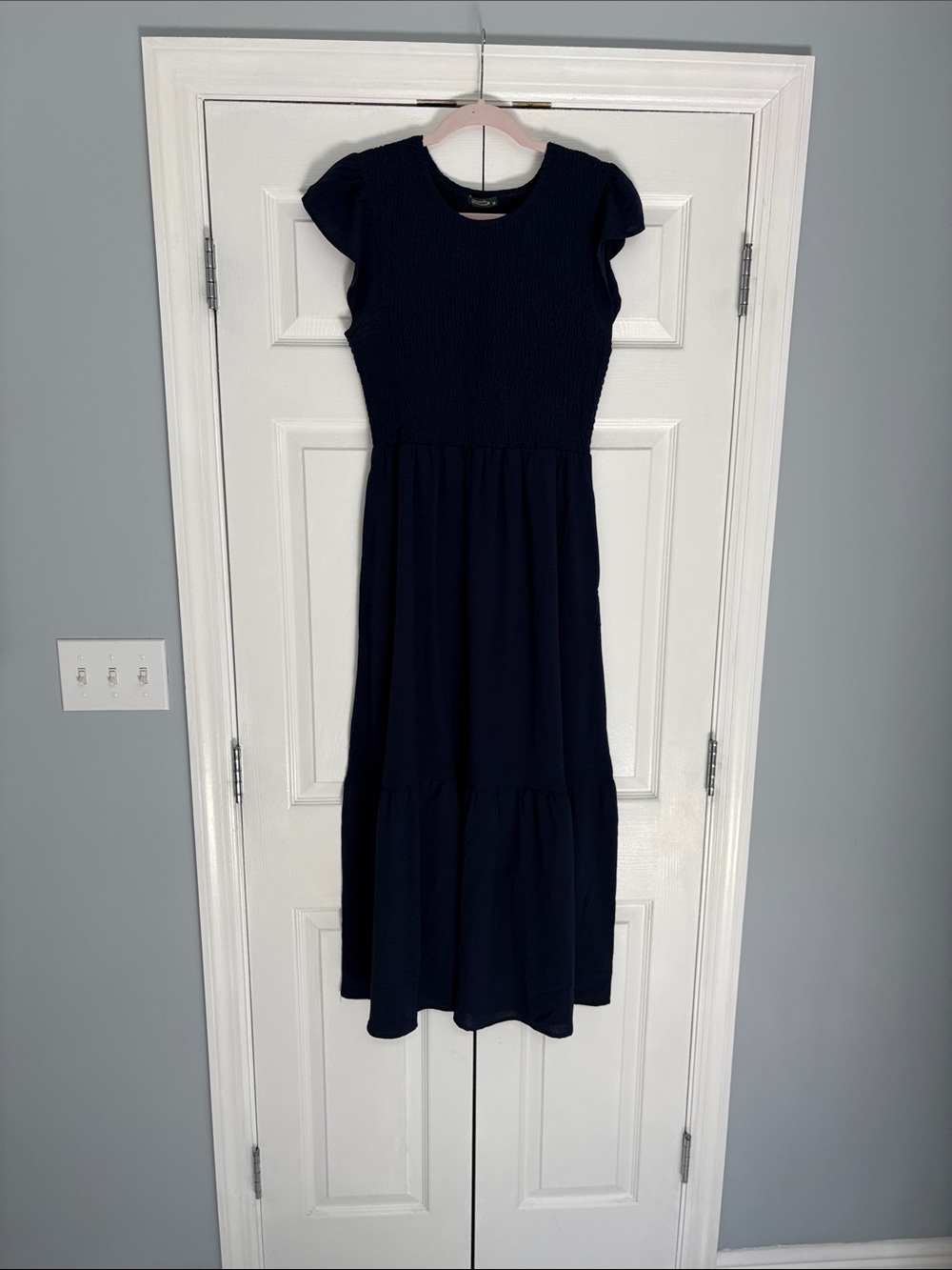 Smocked Bodice Navy Maxi Dress with Flutter Sleeves